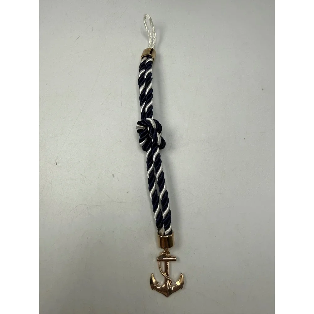 Nautical Anchor Keychain Gold Tone Navy White Twisted Rope Bag Charm 9 Inch